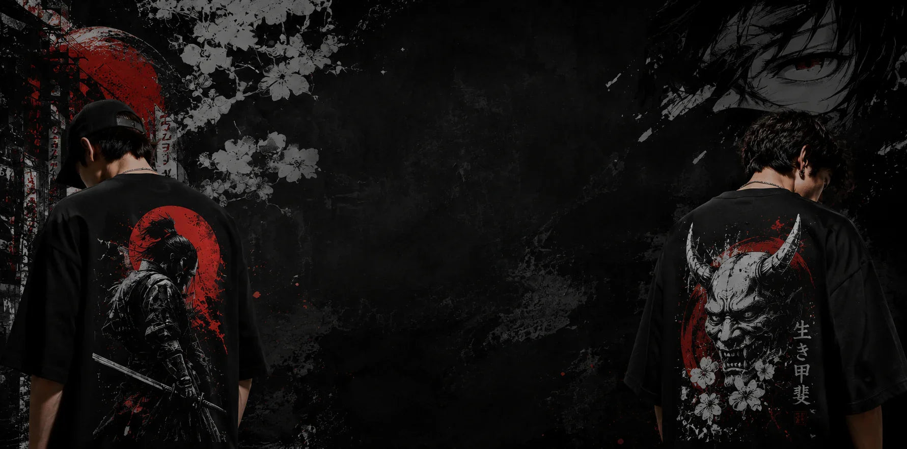 Anime-inspired black t-shirts with samurai and oni designs, featuring red accents and cherry blossoms.