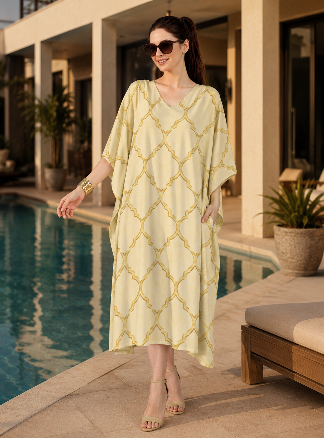 SK Originals Moroccan Luxe Kaftan | Premium Beige & Gold Designer Resort Wear Kaftan for Women
