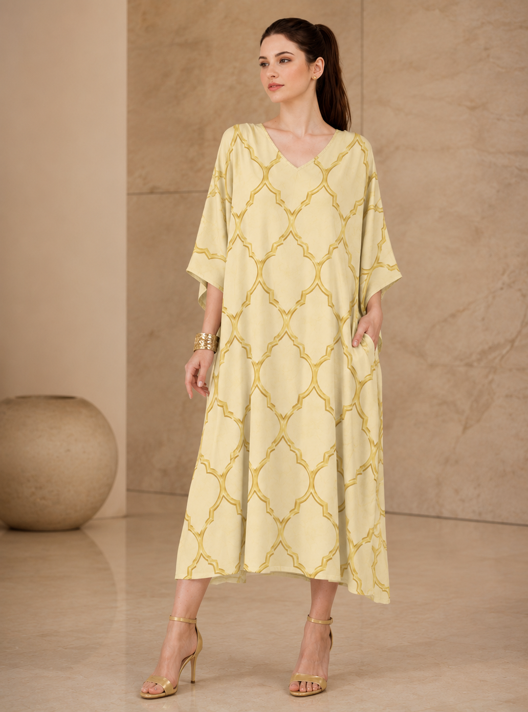 SK Originals Moroccan Luxe Kaftan | Premium Beige & Gold Designer Resort Wear Kaftan for Women