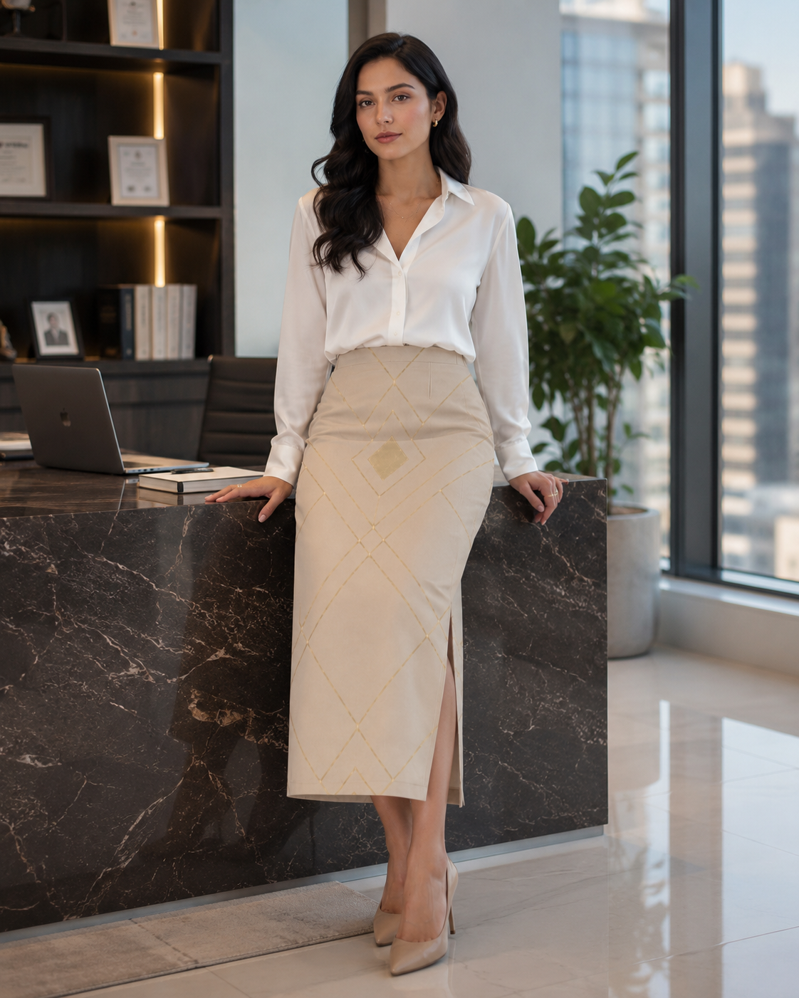 SK Originals Luxe Pencil Skirt for Women | Premium Champagne Gold Minimalist Midi Skirt