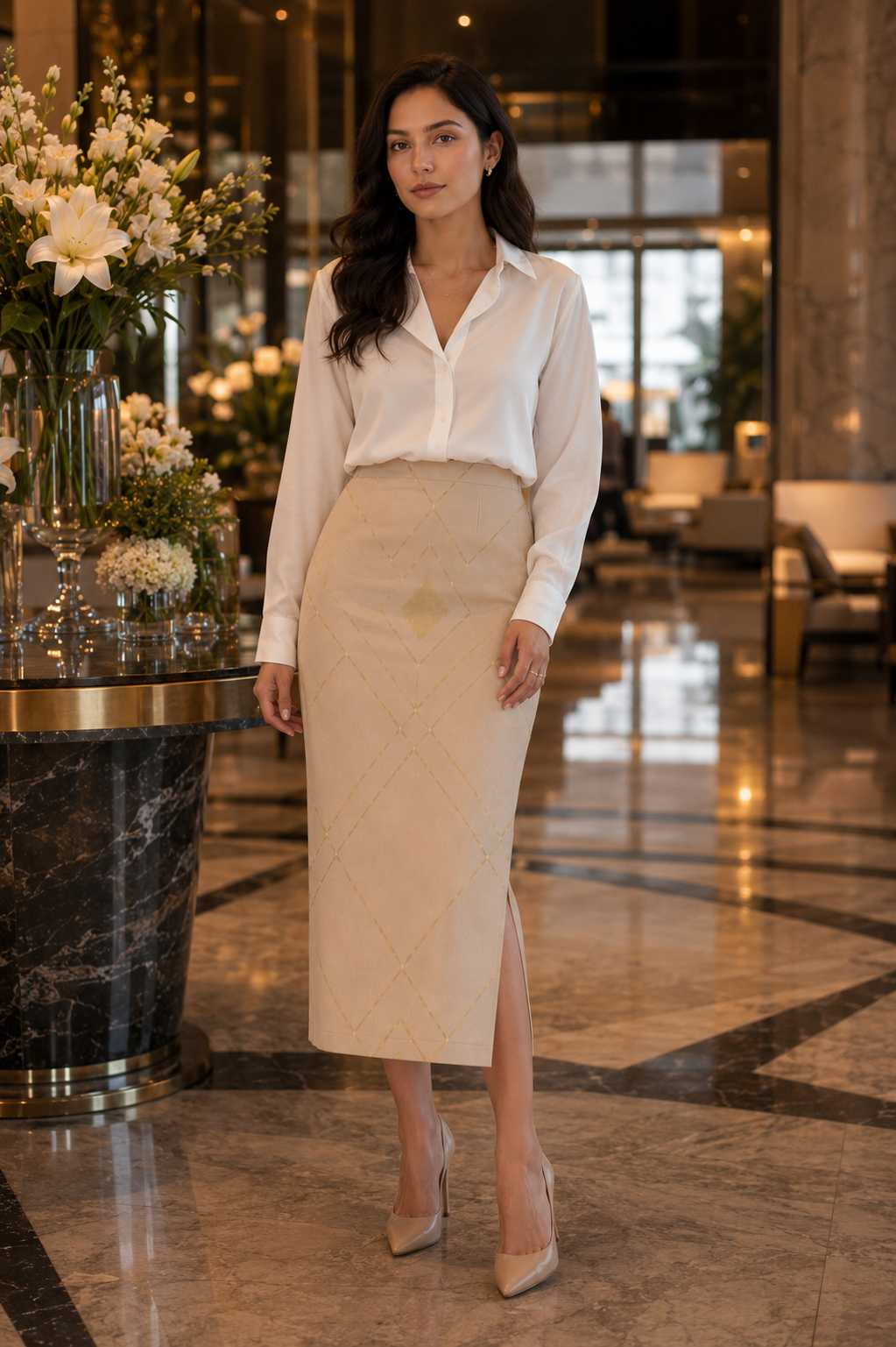 SK Originals Luxe Pencil Skirt for Women | Premium Champagne Gold Minimalist Midi Skirt
