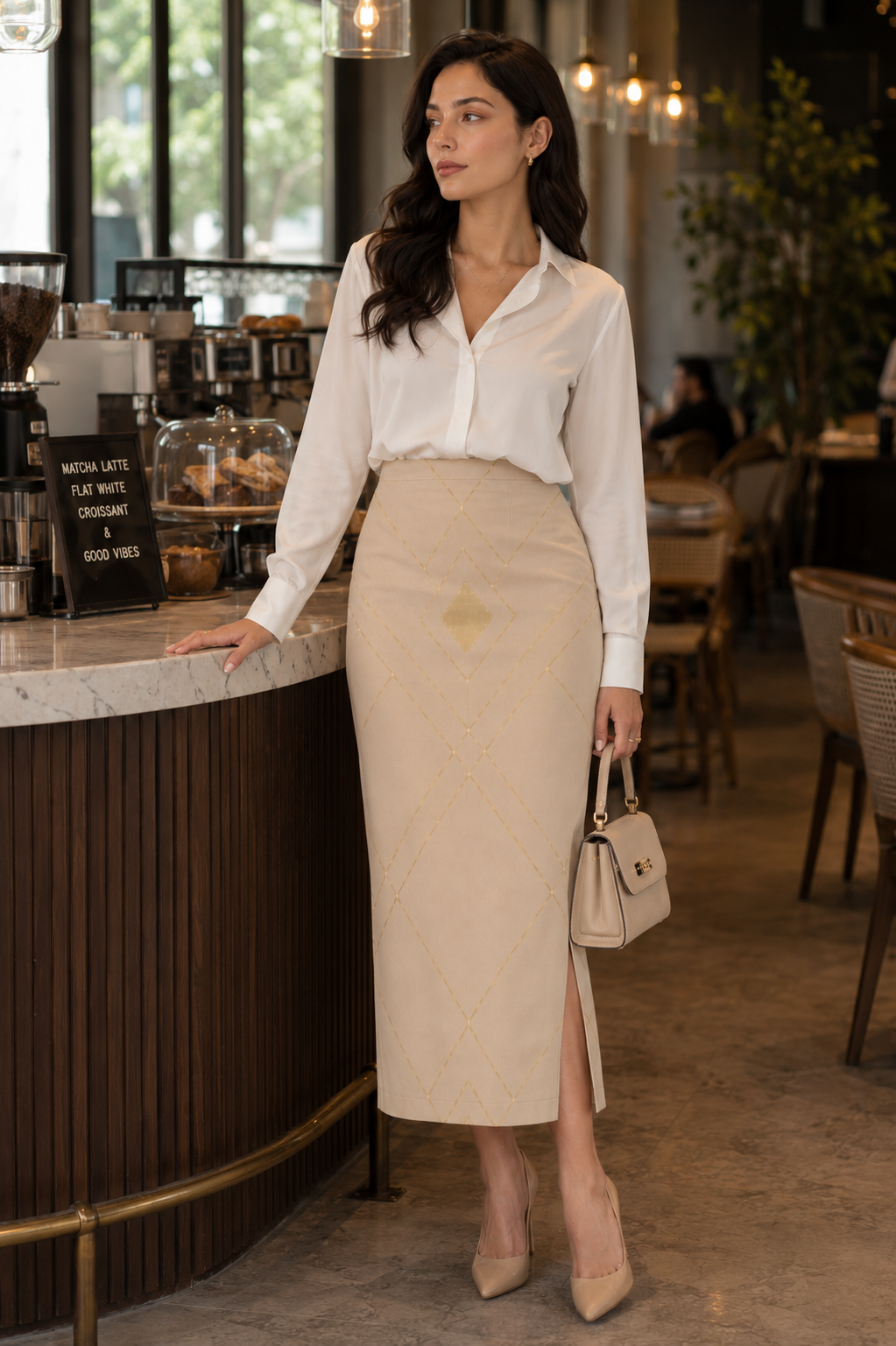 SK Originals Luxe Pencil Skirt for Women | Premium Champagne Gold Minimalist Midi Skirt