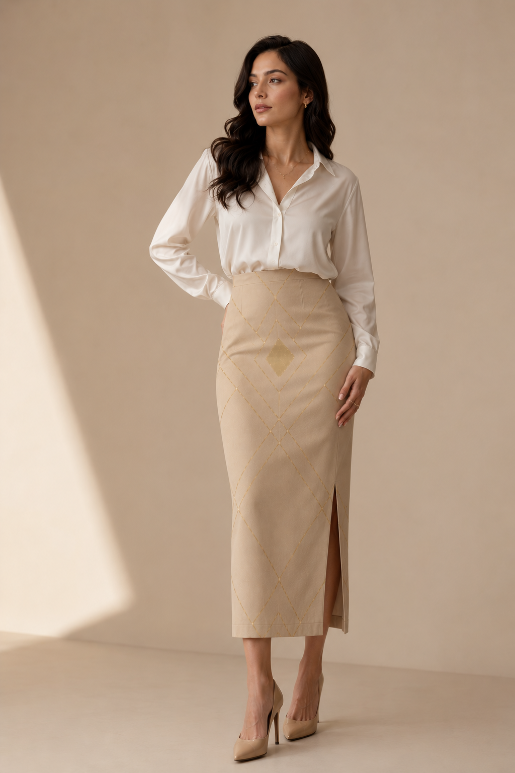 SK Originals Luxe Pencil Skirt for Women | Premium Champagne Gold Minimalist Midi Skirt